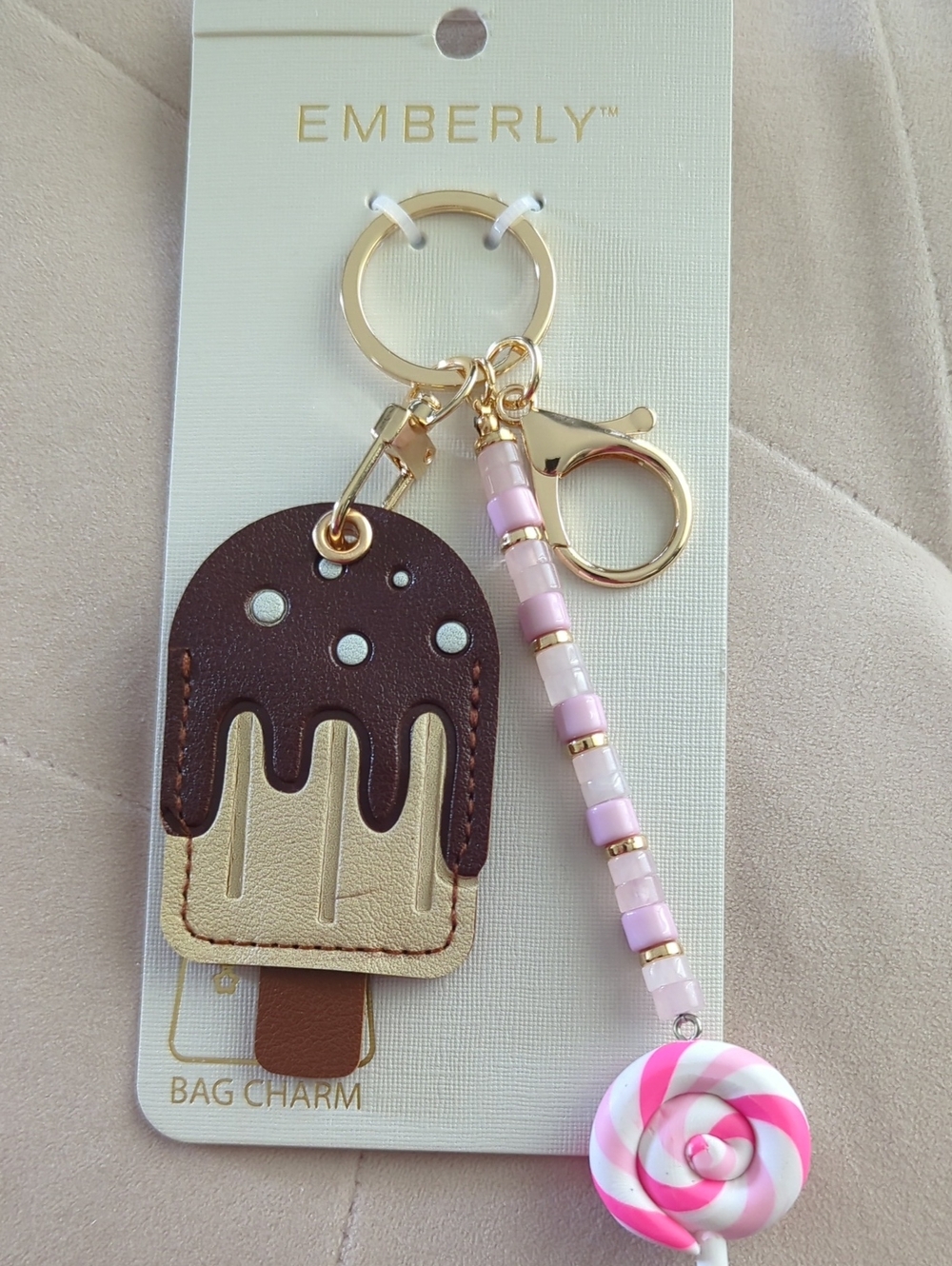 3 For $30. Emberly Pink & Brown Ice Cream And Lollipop Bag Charm Keychain